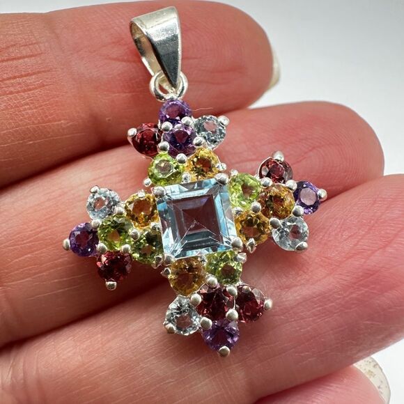Stunning Multi-gemstone cross pendant in stamped sterling silver! - Picture 8 of 12